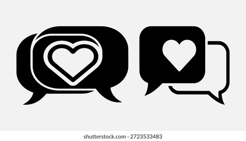 Dos burbujas negras del discurso con los iconos del corazón adentro, que simbolizan el amor y la comunicación.