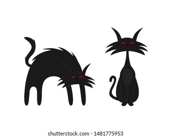 Two black spooky cats isolated on white background. Vector illustration.