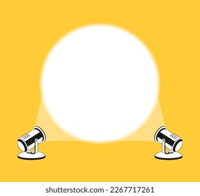 Two black spotlights shine beams on the wall. Cinema background. Lamp light projectors glowing with scattered rays. Projecting beam of light on futuristic scape with place for text. Cinema concept.