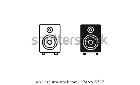 Two black stereo speakers with circular drivers and foot stands shown side by side