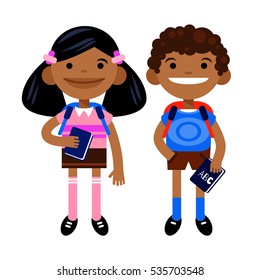 two black students, schoolchild, cute boy and girl in the form of a white background.