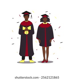 Two black students wearing gown and cap at graduation ceremony.