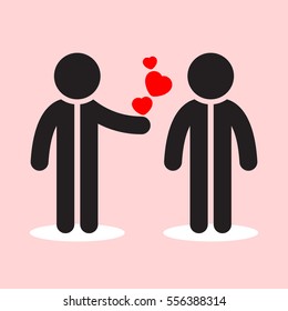 two black styled figures with white round shadows and three red hearts - on the light pink background