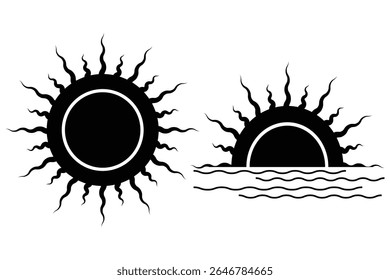 Two black Sun icon. Normal sun icon with radiating rays. EPS 10