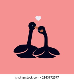 Two black swans being in love on a pink background