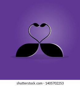 Two black swans create a heart shape vector illustration on a purple background