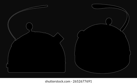 Duas silhuetas de bule preto se destacam contra um fundo escuro, criando um contraste impressionante. O design minimalista destaca linhas limpas e formas elegantes.