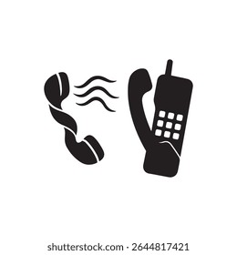 Zwei schwarze Telefonhörer, von denen einer Schallwellen auf weißem, isoliertem Hintergrund anzeigt