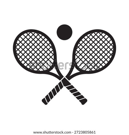 Two black tennis rackets crossed with a black tennis ball above