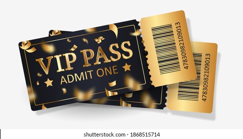 Two black ticket VIP pass, admit one with gold confetti for concert, party, cinema, theatre with golden text, letters and barcode. Vector illustration for advertising, promotion, banner, poster.