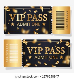 Two black ticket VIP pass, admit one with gold confetti for concert, party, cinema, theatre with golden text, letters and barcode. Vector illustration for advertising, promotion, banner, poster.