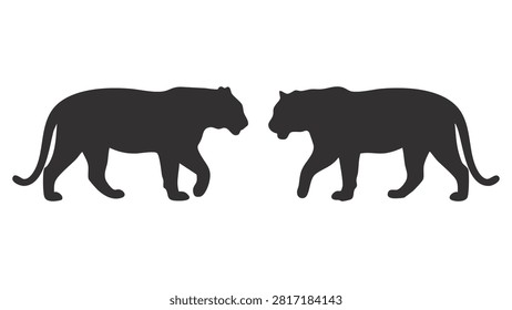 Two black tiger silhouettes are depicted facing each other set against a plain white background. The image is a graphic illustration.