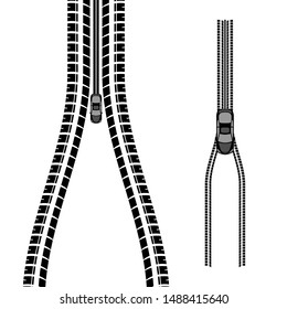 Two black tire track zipper with car silhouette isolated on white background