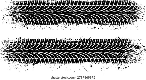 Two black tire tracks with white lines on a white background, surrounded by black splatters and smudges, creating a grungy effect