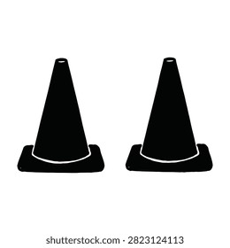 Two black traffic cones silhouettes isolated on a white background. These simple iconic shapes are perfect for representing road work, construction zones, safety.