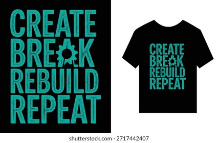 Dos diseños de camisetas negras con texto verde azulado crean la repetición de la reconstrucción de la rotura sobre fondo blanco