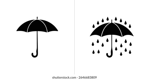 Duas silhuetas de guarda-chuva pretas contrastam uma de pé sozinha, simbolizando proteção, enquanto a outra é banhada por gotas de chuva, representando o tempo chuvoso. Ilustração vetorial.