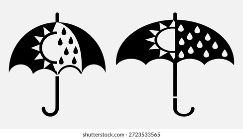 Two black umbrellas with sun and rain designs on a white background, symbolizing weather conditions.