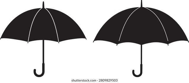 Two black umbrellas with white ribs side by side