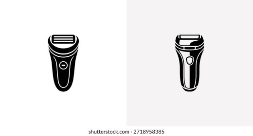 Dois ícones de vetor preto de um barbeador elétrico para barbear e arrumar, apresentados em estilos minimalistas e detalhados.