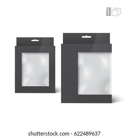 Two black vector product package boxes with window. Isolated on white background. With marked place to insert your design