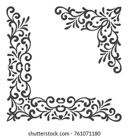 Two black vintage corners on white background. Elegant hand drawn retro floral border. Design element for wedding invitation or menu, banner, postcard, save the date card. Vector illustration.