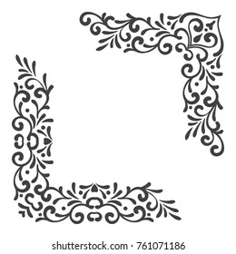 Two black vintage corners on white background. Elegant hand drawn retro floral border. Design element for wedding invitation or menu, banner, postcard, save the date card. Vector illustration.