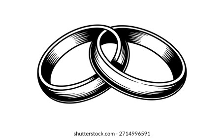 Duas alianças de casamento pretas com a textura eclodida entrelaçada em um fundo branco entrelaçados anéis casamento