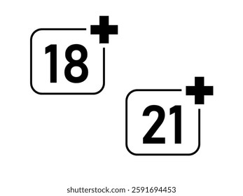 Two black and white age restriction icons: "18+" and "21+" inside rounded rectangular borders. These symbols indicate content or activities that are restricted to individuals above the specified ages.