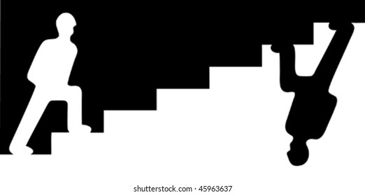 Two black and white antipodes step over the stairs