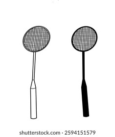 "Two black and white badminton rackets crossed, symbolizing sports, competition, and teamwork."