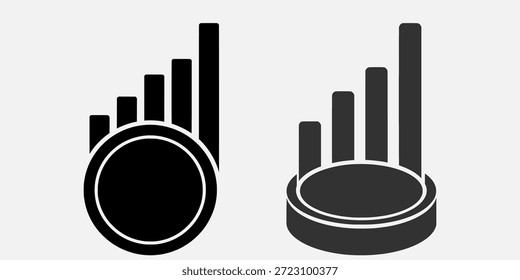 Two black and white bar graphs with circular bases, one flat and one 3D, on a light gray background.