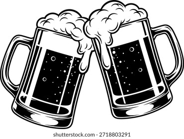 Duas canecas de cerveja preto e branco que se agitam com espuma espumosa bebem álcool
