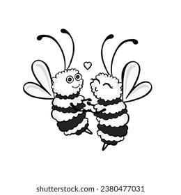 Two black and white bees spinning in dance, love, kiss, vector illustration