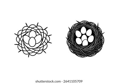 Two black and white bird nests with eggs on white background vector illustration