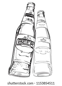 Two black and white bottles of beer with label. Vector illustration. Cheers.