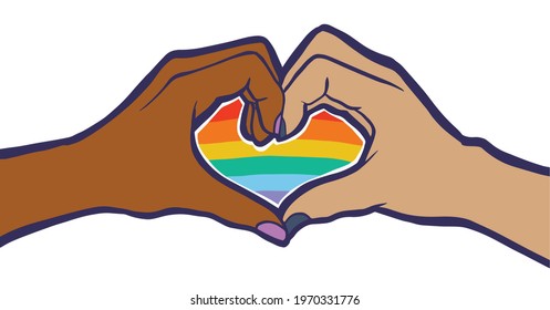 Two black white brown multi race hands making gay queer love symbol. Illustration vector