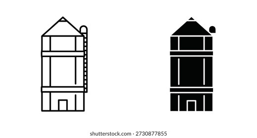 Two black and white building with different architectural details and a staircase architecture