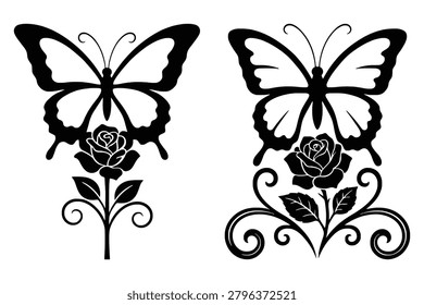 Two black and white of butterflies resting on roses on a white background butterfly