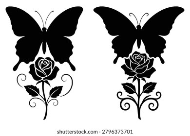 Two black and white of butterflies resting on roses on a white background butterfly