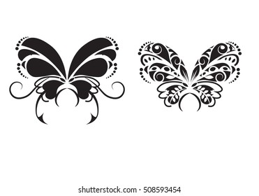 two black white butterfly, in style of a tattoo, drawing by ink