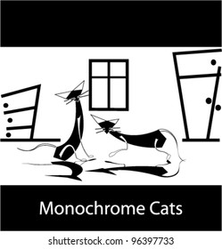 two black and White cat sitting in a room, a stylized image
