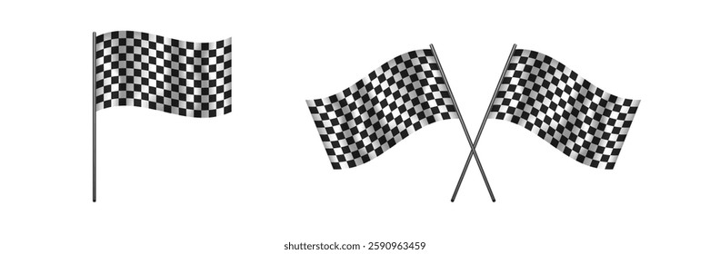 Two black and white checkered flags, one waving solo and the other crossed, symbolizing racing victory.