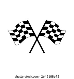 Two black and white checkered flags are depicted in a crossed position against a white background The flags are rendered as a simple vector silhouette with a clear checked pattern.