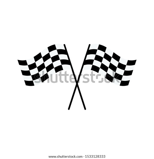 Two black and white checkered flags crossed\
into X shape - race car rally competition symbol isolated on white\
background, flat cartoon style drawing of finish line sign, vector\
illustration