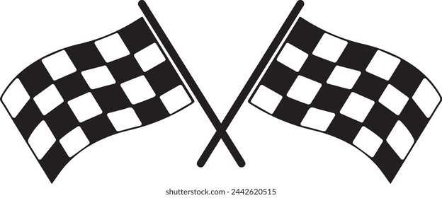 Two black and white checkered racing flags crossed. Racing, formula, competitions, start or finish flags.