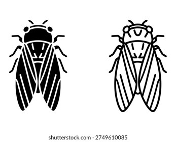 Two black and white cicada illustrations on a white background, one filled and one outlined.