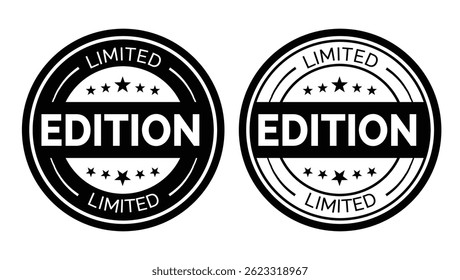 two black and white circular badge designs with limited edition text and stars, representing exclusivity, promotion, special offer, branding