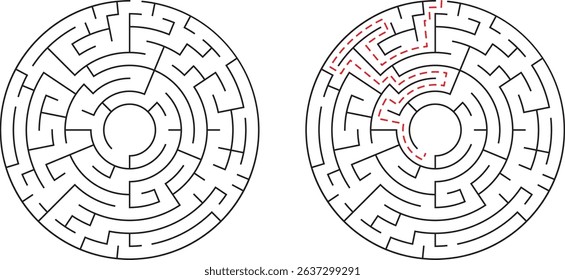 Two black and white circular mazes one with a red path highlighting the solution