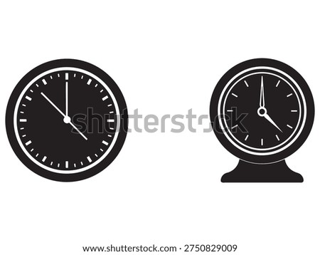 Two black and white clocks with white borders and hands on white background clock faces with hour and minute hands
